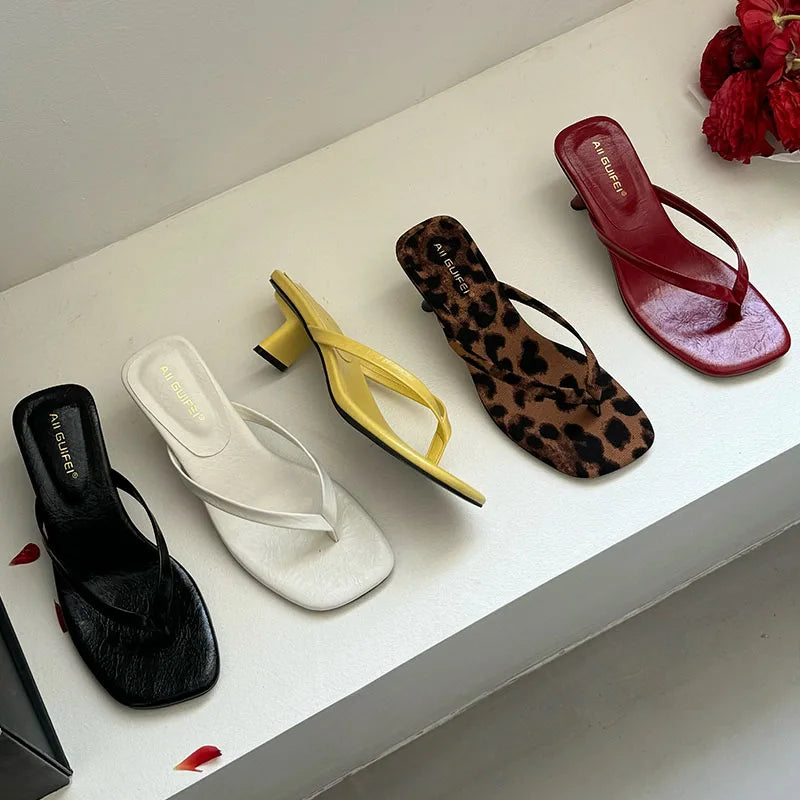 Square Toe 4CM Heels Slippers Slides Sandals Casual Flip flops Thin Heel Slippers